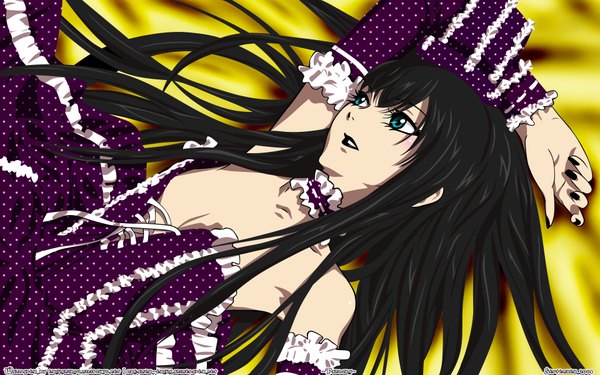 Anime picture 1920x1200 with moyashimon yuuki kei single long hair blush highres black hair wide image looking away lying nail polish aqua eyes lipstick vector polka dot otoko no ko goth-loli black lipstick boy detached sleeves