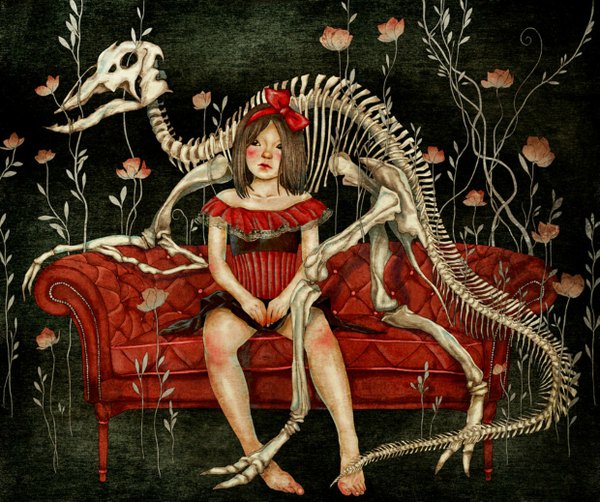 Anime picture 1239x1037 with original moonywolf single blush short hair brown hair sitting barefoot black eyes spread legs skeleton girl dress flower (flowers) bow hair bow toes red dress