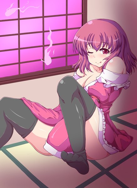 Anime picture 1096x1500 with touhou saigyouji yuyuko moisture (chichi) tall image blush short hair red eyes bare shoulders red hair one eye closed wink no shoes :p ghost girl thighhighs black thighhighs