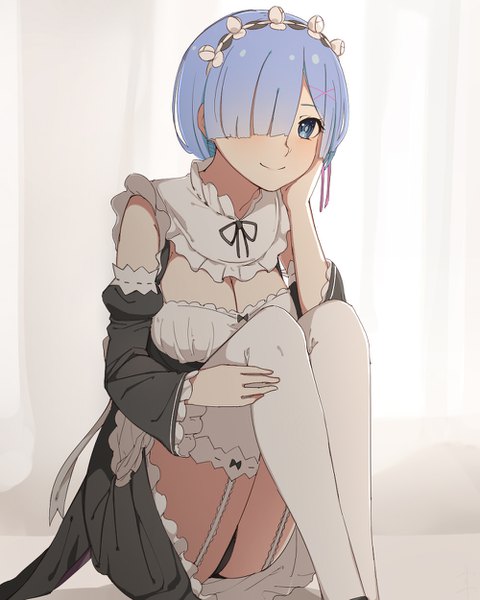 Anime picture 1000x1250 with re:zero kara hajimeru isekai seikatsu white fox rem (re:zero) sente single tall image looking at viewer blush fringe short hair breasts blue eyes light erotic simple background smile sitting blue hair cleavage bent knee (knees) blunt bangs