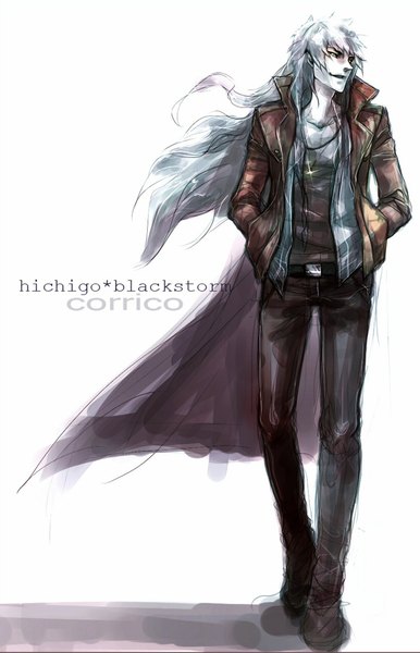 Anime picture 1302x2022 with bleach studio pierrot kurosaki ichigo corrico (artist) long hair tall image simple background smile standing white background signed yellow eyes silver hair wind hands in pockets boy jacket pendant cloak coat