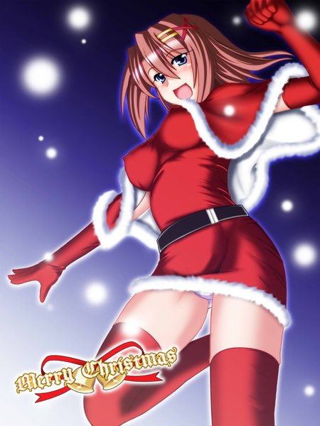 Anime picture 2400x3200 with mahou shoujo lyrical nanoha yagami hayate hakkai (artist) single tall image blush highres short hair open mouth blue eyes brown hair bent knee (knees) fur trim christmas merry christmas girl gloves hair ornament elbow gloves fur