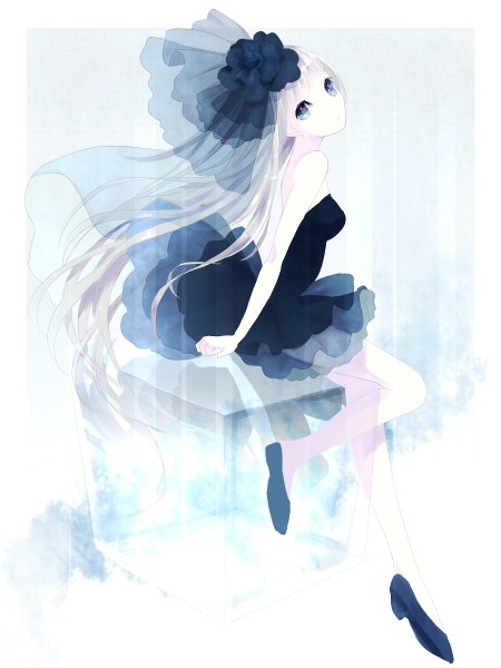 Anime picture 900x1200 with original haru (pixiv) single long hair tall image looking at viewer fringe blue eyes sitting bare shoulders bent knee (knees) white hair sleeveless girl dress shoes headdress bottle blue dress veil