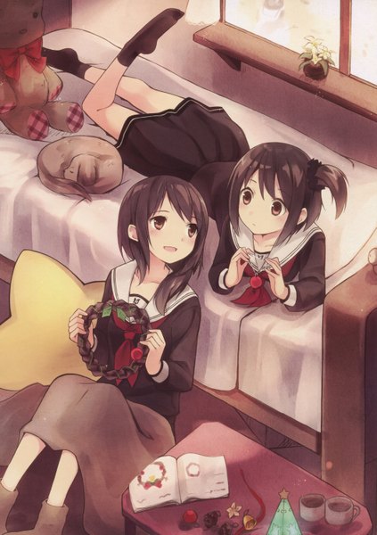 Anime picture 2116x3004 with girls log vol.4 (artbook) original kyuri long hair tall image blush highres short hair open mouth black hair sitting brown eyes ponytail lying no shoes side ponytail on stomach legs up surprised uniform