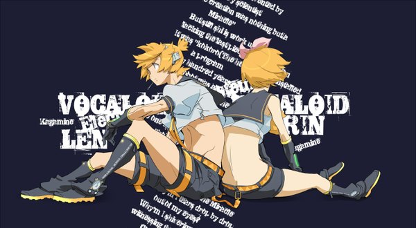 Anime picture 1400x770 with vocaloid kagamine rin kagamine len nansui kinoko short hair blonde hair wide image sitting bare shoulders wallpaper back to back girl boy gloves bow hair bow elbow gloves boots headphones