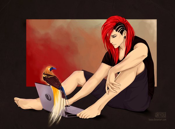 Anime picture 1224x900 with original kyoux (artist) single long hair sitting red hair barefoot border outside border boy earrings animal bird (birds) computer
