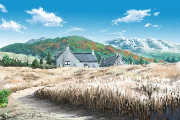 Anime picture 2126x1417 with original hirota highres sky cloud (clouds) mountain no people landscape nature village plant (plants) tree (trees) window forest house road