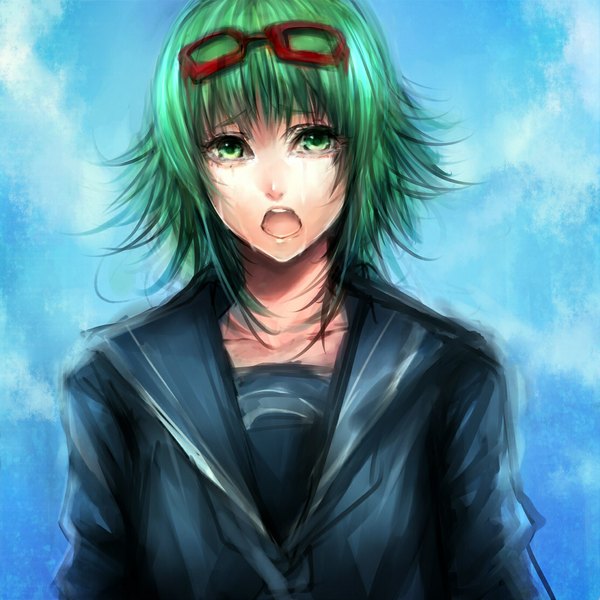 Anime picture 1111x1111 with vocaloid yowamushi mont-blanc (vocaloid) gumi sasaki ryou single looking at viewer short hair open mouth green eyes green hair lips teeth tears blue background sad girl glasses