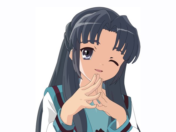 Anime picture 1600x1200 with suzumiya haruhi no yuutsu kyoto animation asakura ryouko single long hair looking at viewer open mouth white background upper body one eye closed grey hair wink grey eyes vector fingers together girl serafuku