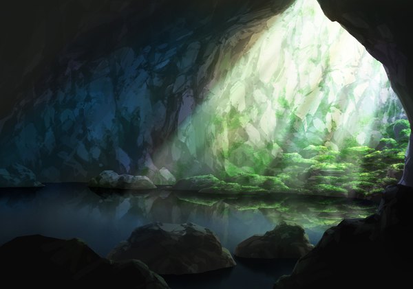 Anime picture 1780x1250 with sakanamodoki highres sunlight reflection no people sunbeam lake stone (stones) cave moss
