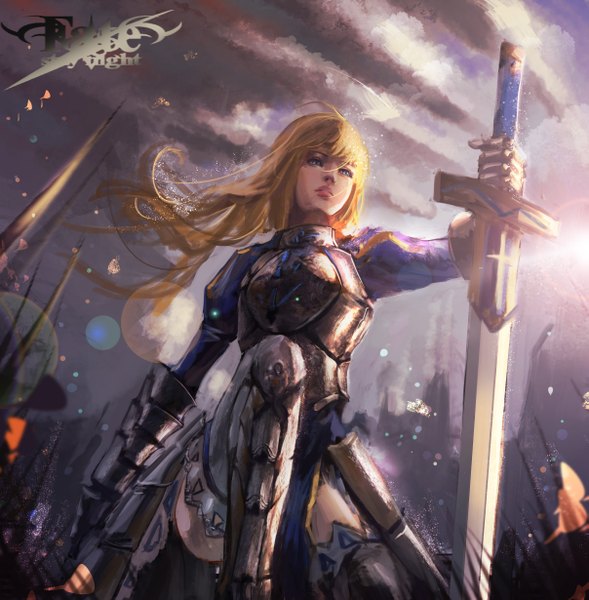 Anime picture 2414x2459 with fate (series) fate/stay night type-moon artoria pendragon (all) saber aenrs single long hair tall image highres blue eyes blonde hair holding looking away ahoge sunlight girl weapon sword armor