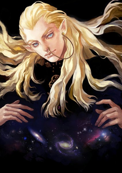 Anime picture 707x1000 with jojo no kimyou na bouken hasekura mikitaka sirius d single long hair tall image looking at viewer blue eyes simple background blonde hair pointy ears piercing black background ear piercing nose piercing boy earrings galaxy