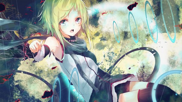 Anime picture 2000x1125 with vocaloid gumi la-na single looking at viewer highres short hair open mouth wide image bare shoulders green hair armpit (armpits) glowing multicolored eyes girl thighhighs detached sleeves shorts scarf