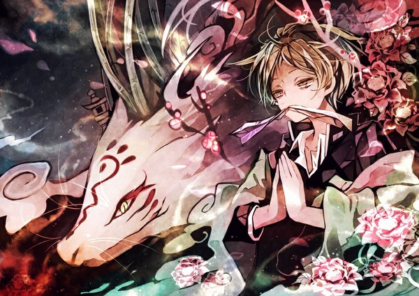 Anime picture 1024x724 with natsume yuujinchou brains base (studio) natsume takashi madara (nyanko-sensei) suguru short hair blonde hair yellow eyes japanese clothes demon boy flower (flowers) animal paper