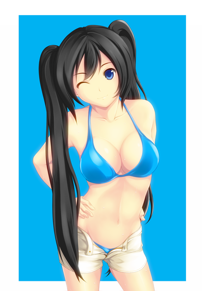 Anime picture 1041x1500 with original weria single long hair tall image blue eyes black hair twintails one eye closed wink girl navel swimsuit bikini shorts