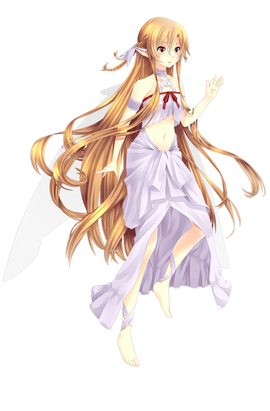 Anime picture 5375x8170 with sword art online a-1 pictures yuuki asuna titania (alo) vali (valiryn) single tall image highres open mouth blonde hair bare shoulders yellow eyes absurdres full body braid (braids) very long hair barefoot pointy ears bare belly twin braids