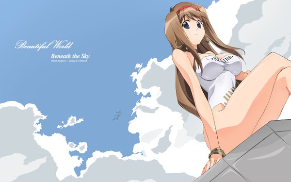Anime picture 2560x1600 with jinki feel (studio) hiiragi akao highres blue eyes light erotic brown hair wide image sky cloud (clouds) swimsuit