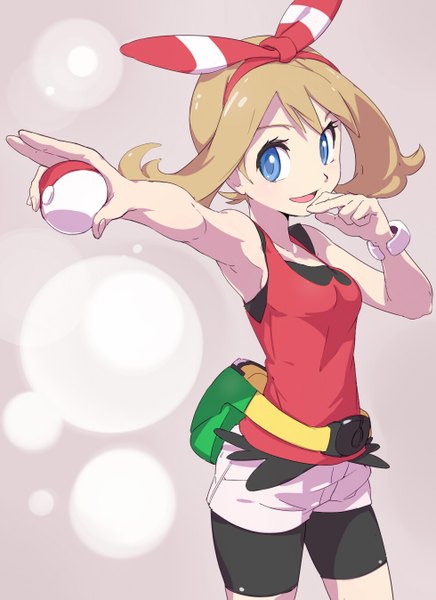 Anime picture 979x1347 with pokemon pokemon (game) pokemon oras nintendo may (pokemon) nanjin single tall image short hair open mouth blue eyes brown hair bare shoulders looking away girl bow hair bow shorts short shorts fanny pack