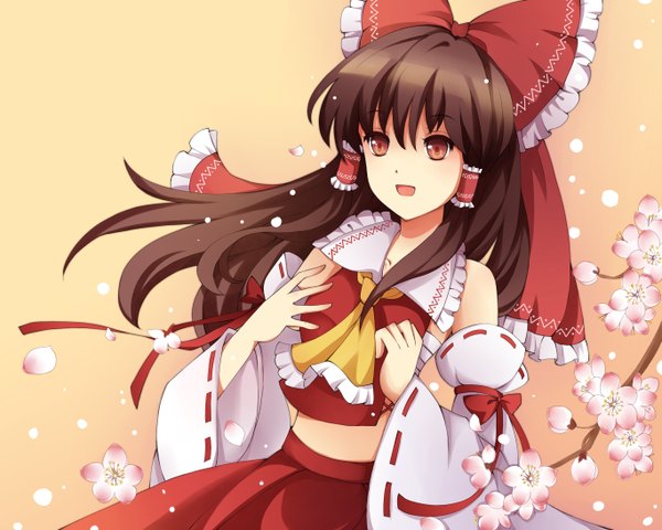 Anime picture 2730x2184 with touhou hakurei reimu missjazzy single long hair highres open mouth red eyes brown hair cherry blossoms miko girl bow hair bow detached sleeves