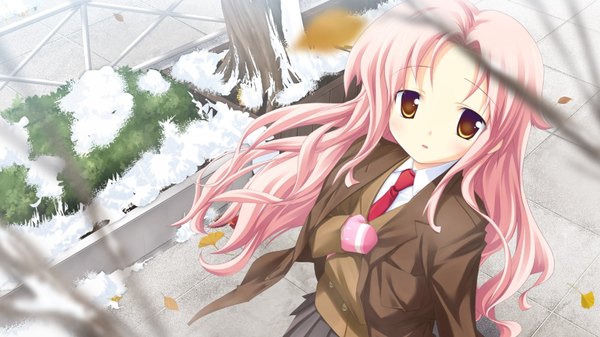 Anime picture 1600x900 with volume7 rococoworks fue (tsuzuku) single long hair looking at viewer wide image yellow eyes pink hair from above snow girl necktie