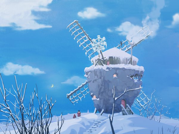 Anime picture 1600x1200 with original kuchibiru (lipblue) sky cloud (clouds) winter smoke snow landscape plant (plants) tree (trees) window moon stairs windmill