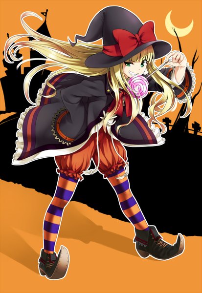 Anime picture 1461x2122 with original keidai long hair tall image blonde hair smile green eyes halloween witch girl dress bow hat food shoes sweets witch hat candy lollipop