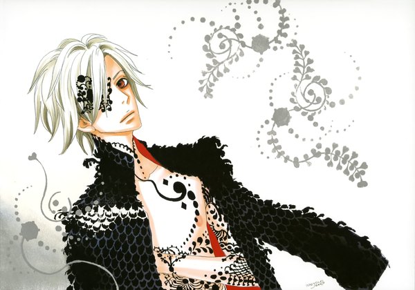 Anime picture 4325x3032 with sugar sugar rune studio pierrot pierre tempete du neige single looking at viewer fringe highres short hair simple background blonde hair red eyes white background brown eyes absurdres silver hair white hair grey hair hair over one eye open clothes orange eyes