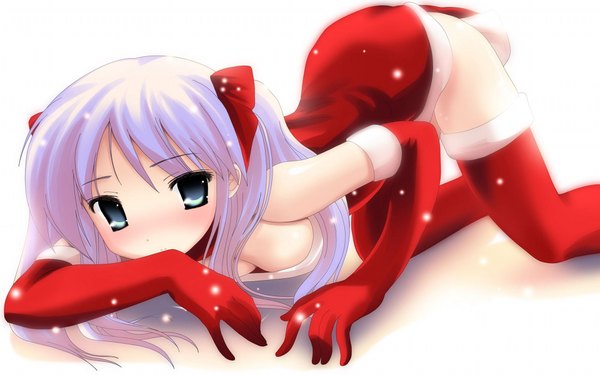 Anime picture 1920x1200 with lucky star kyoto animation hiiragi kagami single long hair blush highres breasts blue eyes light erotic wide image twintails bare shoulders cleavage purple hair snowing christmas on all fours top-down bottom-up girl
