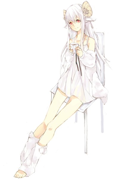 Anime picture 1748x2480 with original pyon0x0 single long hair tall image fringe highres simple background smile red eyes white background sitting bare shoulders holding animal ears white hair barefoot horn (horns) light smile off shoulder