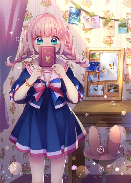 Anime picture 893x1250 with original masaru.jp single long hair tall image looking at viewer blush fringe blue eyes pink hair ahoge braid (braids) twin braids girl uniform serafuku chair table wall photo (object)