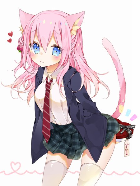 Anime picture 1500x1999 with original chico152 single long hair tall image looking at viewer blush fringe blue eyes simple background hair between eyes white background animal ears pink hair tail animal tail pleated skirt cat ears cat girl cat tail
