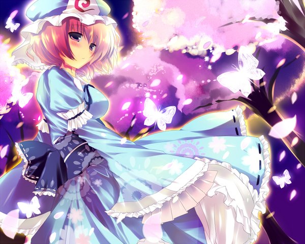 Anime picture 1800x1440 with touhou saigyouji yuyuko kinoko blush highres short hair pink hair pink eyes cherry blossoms girl dress plant (plants) petals tree (trees) insect butterfly bonnet
