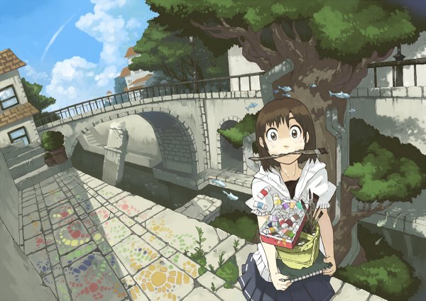 Anime picture 1200x849 with original imoman (artist) single looking at viewer short hair brown hair holding brown eyes sky cloud (clouds) pleated skirt mouth hold city landscape carrying girl skirt plant (plants) tree (trees) water
