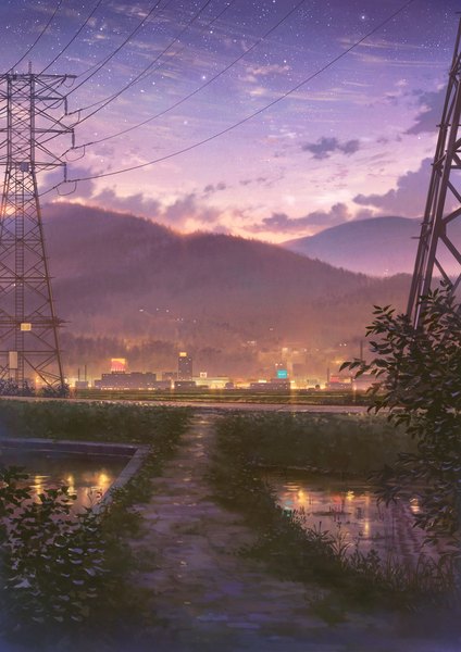 Anime picture 1158x1637 with original cola (pixiv) tall image cloud (clouds) realistic night night sky city light reflection cityscape mountain no people scenic city lights plant (plants) water building (buildings) star (stars) grass