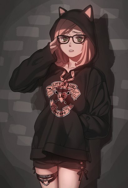 Anime picture 1500x2186 with original revolmxd single tall image looking at viewer short hair standing green eyes signed animal ears pink hair parted lips cat ears shadow hand in pocket clothes writing against wall adjusting glasses animal hood brick wall