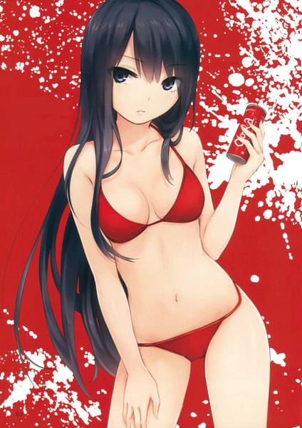 Anime picture 2408x3409 with original coca-cola shiramine rika coffee-kizoku single long hair tall image looking at viewer fringe highres breasts light erotic black hair simple background hair between eyes holding looking away parted lips black eyes scan