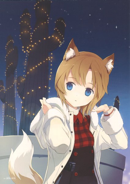 Anime picture 2160x3048 with tiv tall image highres short hair blue eyes brown hair animal ears tail animal tail night open clothes open jacket fox girl girl jacket gun hood star (stars) coat cactus
