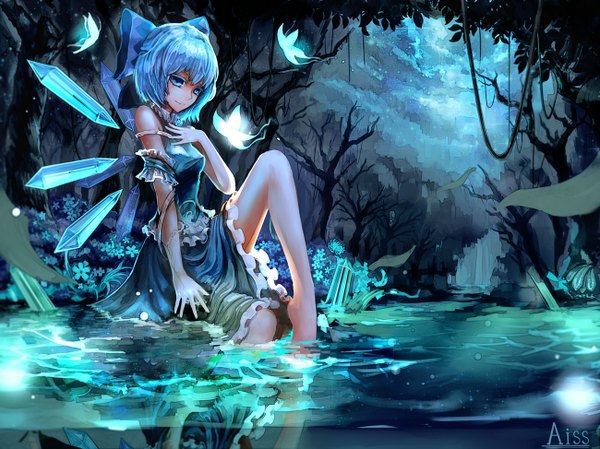 Anime picture 1300x974 with touhou cirno kiyomasa ren single looking at viewer short hair blue eyes smile sitting bare shoulders blue hair bare legs wet hand on chest leg lift (legs lift) soaking feet girl dress bow hair bow