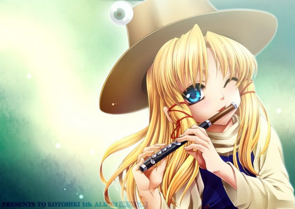 Anime picture 1600x1134 with touhou moriya suwako long hair looking at viewer blue eyes simple background blonde hair long sleeves one eye closed wink light girl dress hat collar musical instrument lace flute