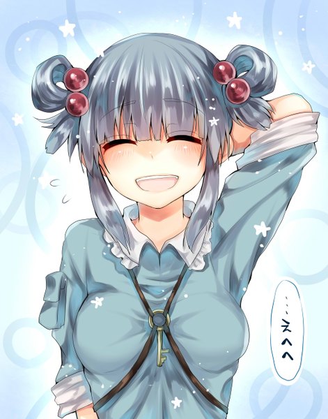 Anime picture 1000x1272 with touhou kawashiro nitori mimoto (aszxdfcv) single tall image blush fringe short hair open mouth blue hair eyes closed inscription hair bun (hair buns) arm behind head alternate hairstyle laughing girl hair ornament hair tie hair bobbles