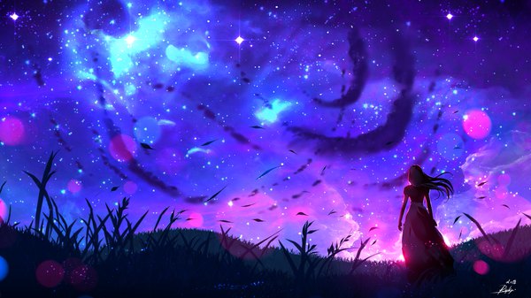 Anime picture 1920x1080 with original ryky single long hair highres wide image signed wind from behind night wallpaper night sky landscape silhouette hill girl dress plant (plants) star (stars) grass