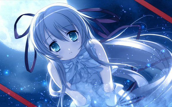 Anime picture 1920x1200 with demonbane al azif single long hair looking at viewer highres blue eyes wide image bare shoulders silver hair girl dress ribbon (ribbons) hair ribbon moon