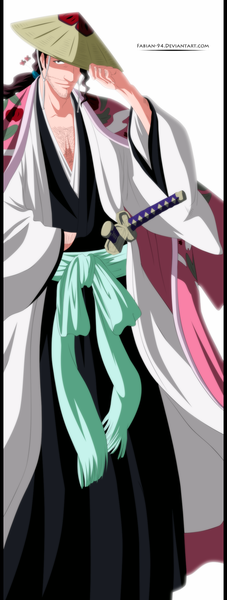 Anime picture 928x2450 with bleach studio pierrot kyoraku shunsui fabiansm single long hair tall image simple background smile brown hair white background traditional clothes japanese clothes black eyes coloring boy weapon hat sword belt