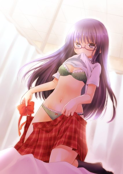 Anime picture 1000x1412 with original mochizuki mina single long hair tall image looking at viewer blush light erotic purple eyes purple hair pleated skirt dutch angle kneeling mouth hold flat chest undressing shirt lift girl navel underwear