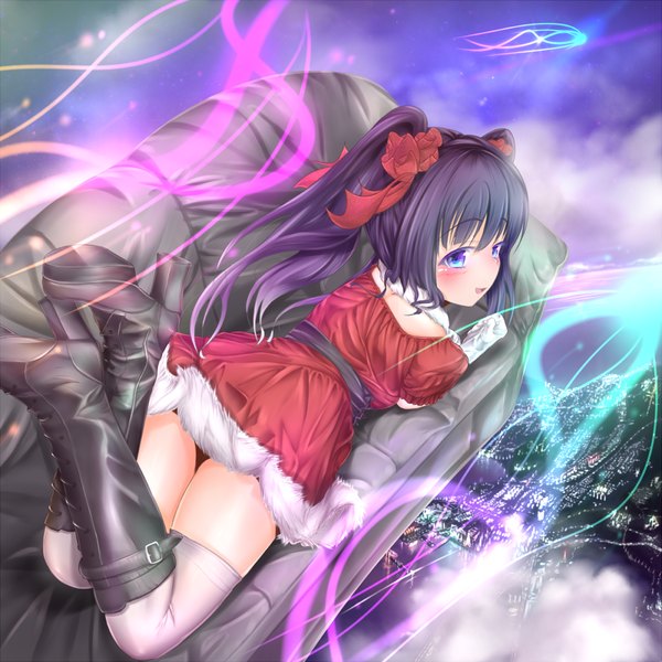 Anime picture 1200x1200 with original wingheart single long hair blush blue eyes light erotic black hair twintails lying girl thighhighs white thighhighs boots couch