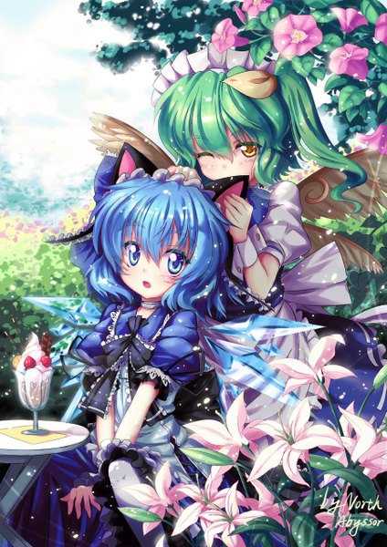 Anime picture 905x1280 with touhou cirno daiyousei north abyssor tall image short hair open mouth blue eyes multiple girls animal ears yellow eyes blue hair one eye closed green hair wink cat ears loli girl dress flower (flowers)