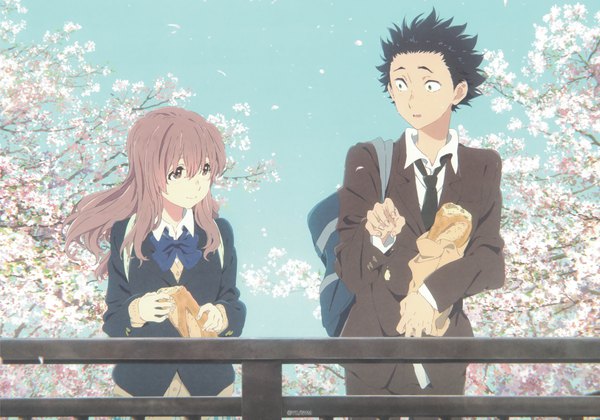 Anime picture 4606x3229 with koe no katachi kyoto animation nishimiya shouko ishida shouya long hair fringe highres short hair black hair hair between eyes brown hair brown eyes looking away absurdres scan official art cherry blossoms eye contact spring girl