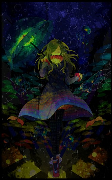 Anime picture 1200x1914 with kagerou project shaft (studio) kido tsubomi single long hair tall image brown hair eyes closed rain girl dress boots umbrella bubble (bubbles)