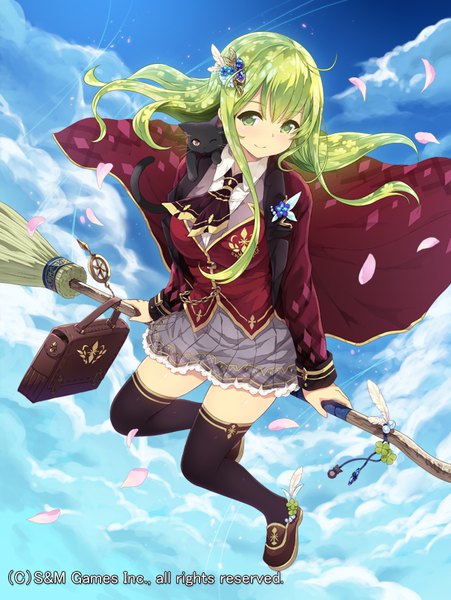 Anime picture 606x806 with original cait single long hair tall image looking at viewer smile sitting green eyes sky cloud (clouds) pleated skirt green hair flying animal on shoulder girl thighhighs skirt hair ornament black thighhighs