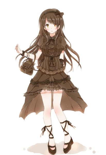 Anime picture 938x1366 with original hiro (hirohiro31) single long hair tall image looking at viewer blush simple background brown hair standing white background brown eyes parted lips arm behind back lolita fashion girl dress ribbon (ribbons) shoes frills
